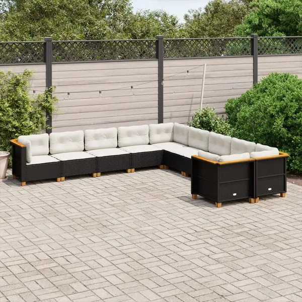 Salon de jardin 10 pcs avec coussins noir résine tressée
