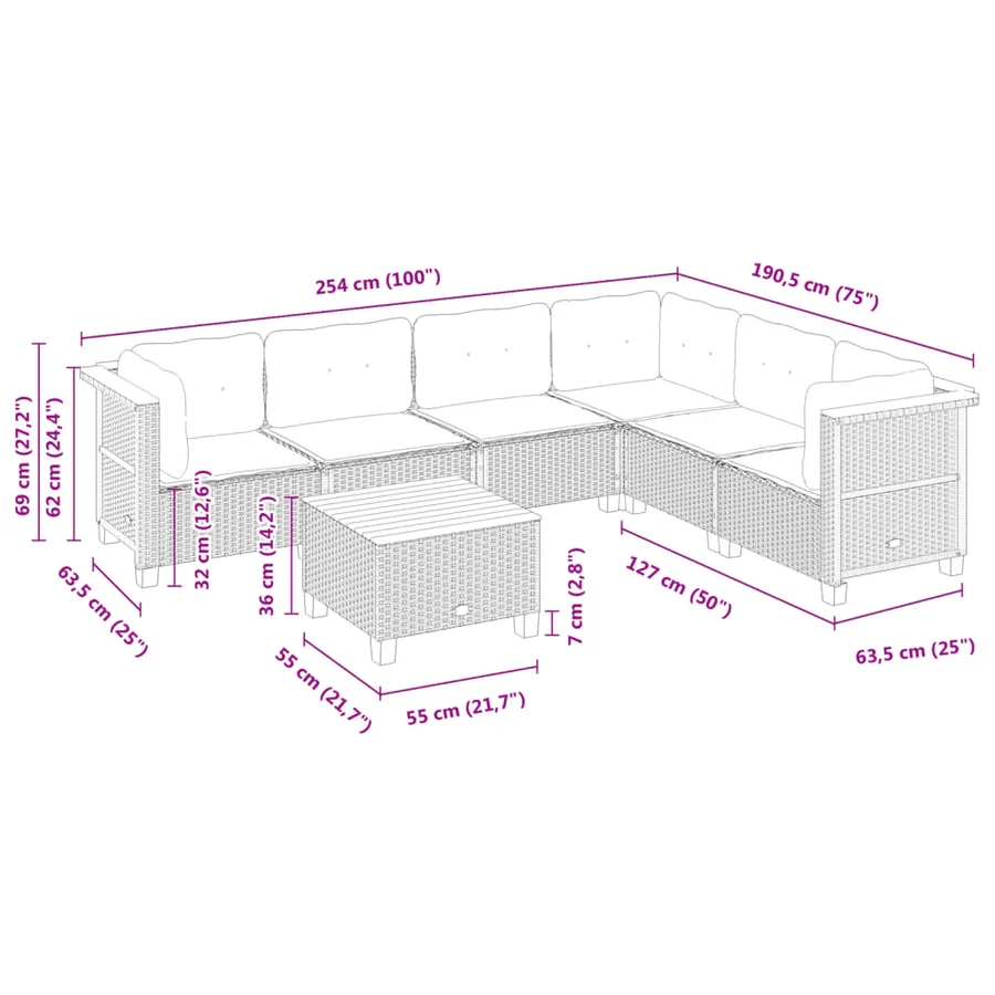 Salon de jardin 7 pcs avec coussins noir résine tressée 63,5 x 63,5 x 62 cm - 63,0 kg - 8