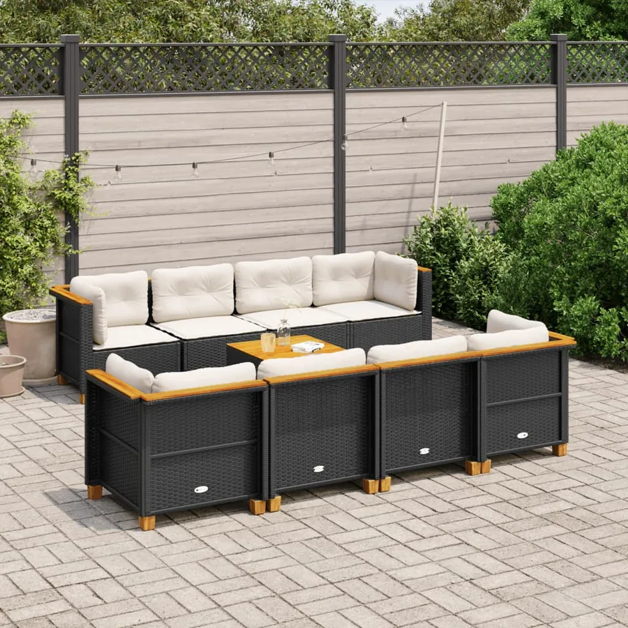 Salon de jardin 9 pcs avec coussins noir résine tressée