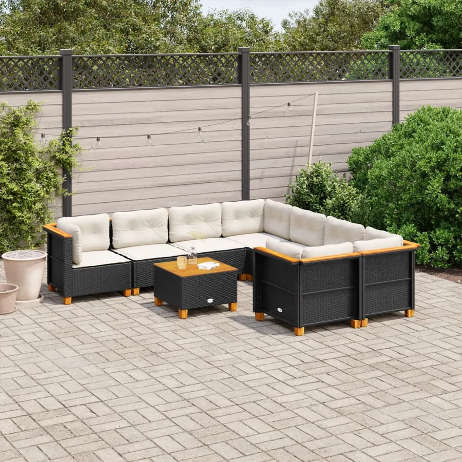 Salon de jardin 9 pcs avec coussins noir résine tressée