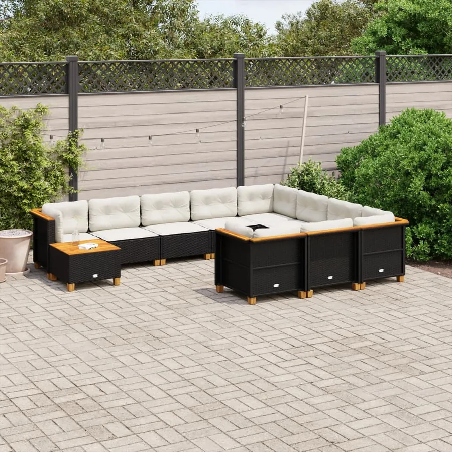 Salon de jardin 11 pcs avec coussins noir résine tressée