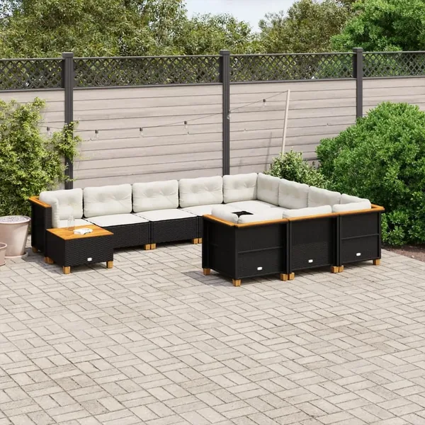 Salon de jardin 11 pcs avec coussins noir résine tressée