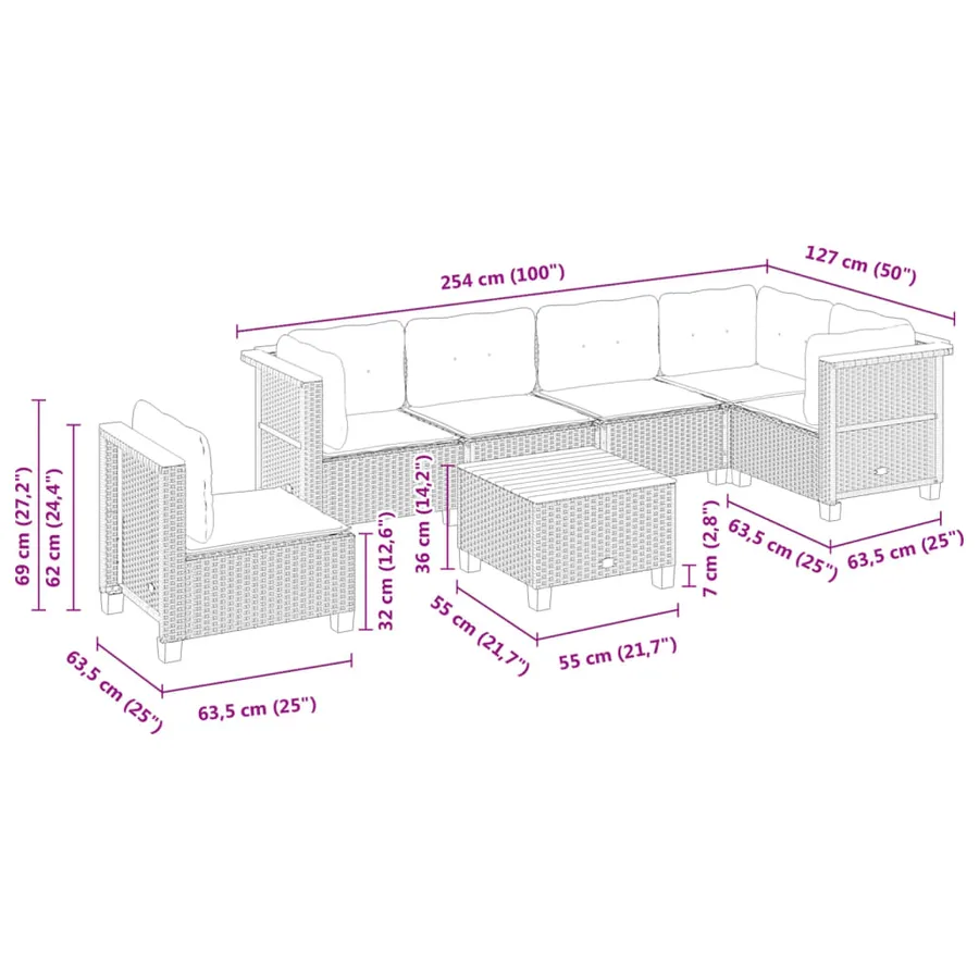 Salon de jardin 7 pcs avec coussins noir résine tressée 63,5 x 63,5 x 62 cm - 63,0 kg - 8