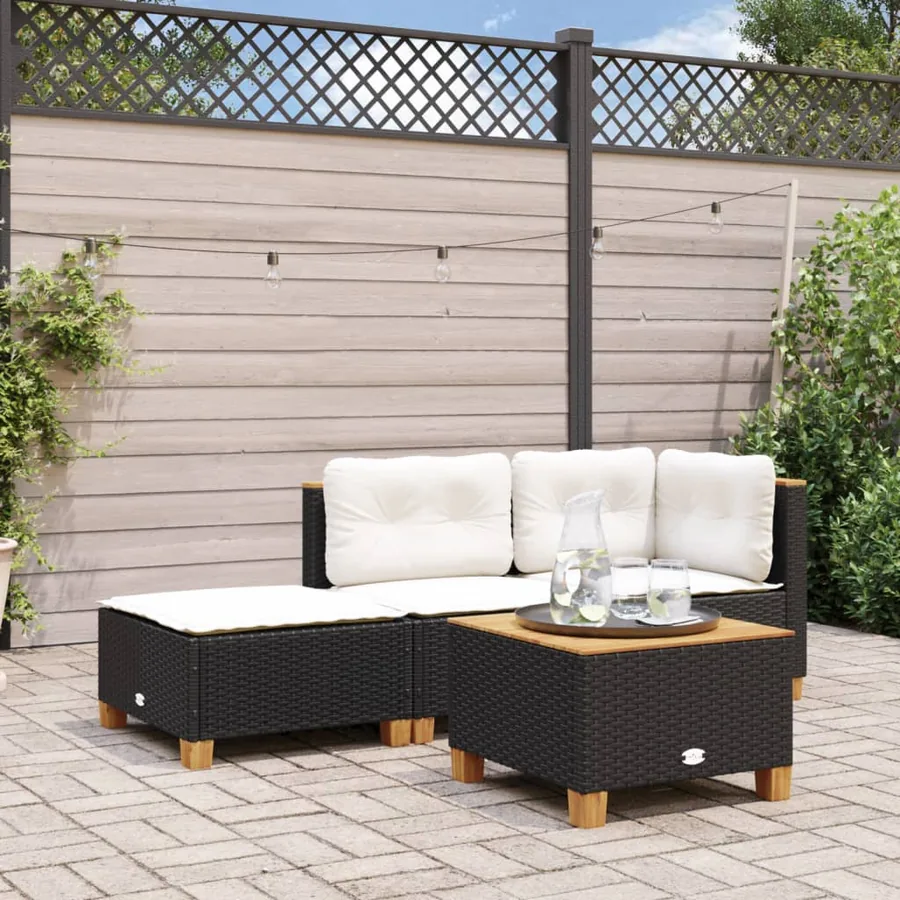Tabouret de jardin et coussin noir 63,5x56x32 cm résine tressée