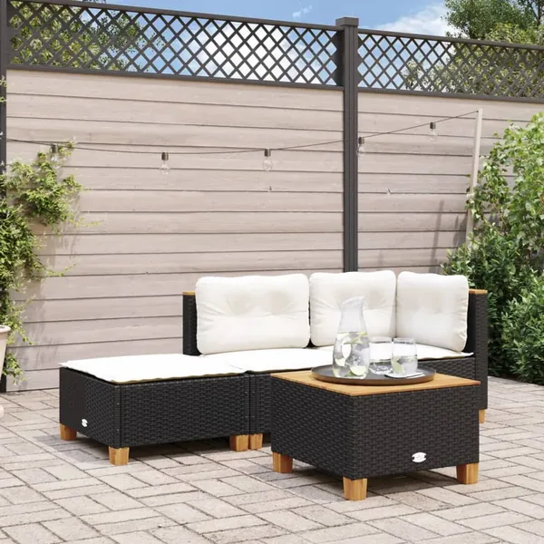 Tabouret de jardin et coussin noir 63,5x56x32 cm résine tressée