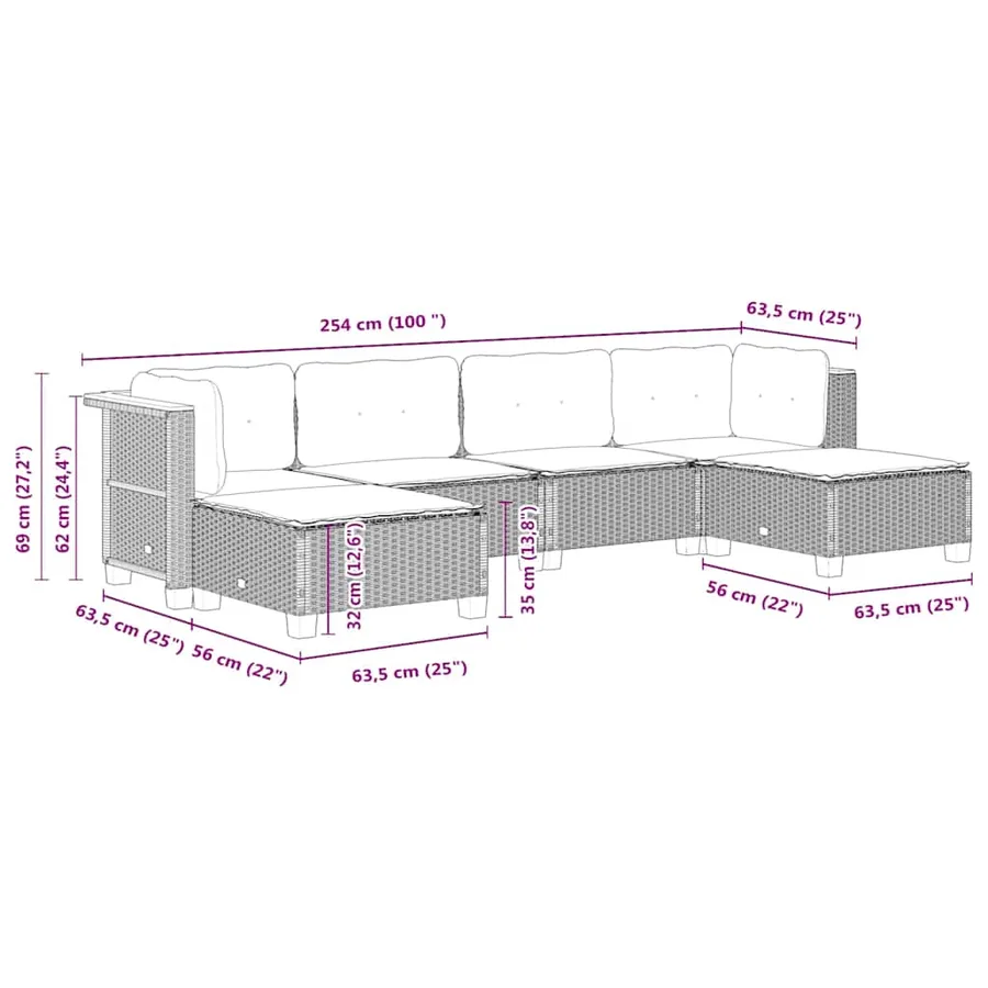 Salon de jardin 6 pcs avec coussins noir résine tressée - 8