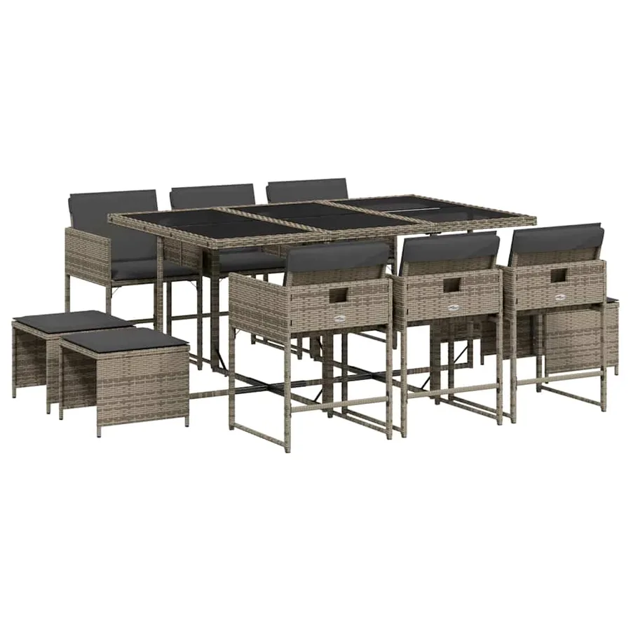 Ensemble à manger de jardin 11pcs avec coussins gris poly rotin - 2