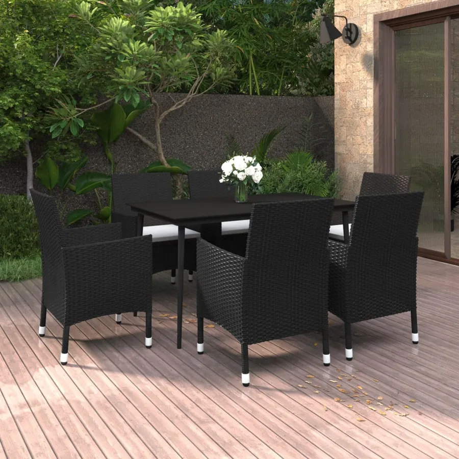 Ensemble à manger de jardin coussins 7 pcs Résine tressée Verre