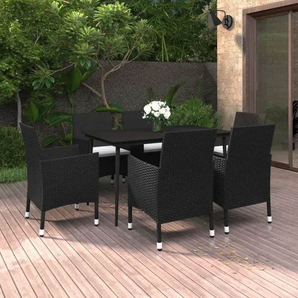 Ensemble à manger de jardin coussins 7 pcs Résine tressée Verre