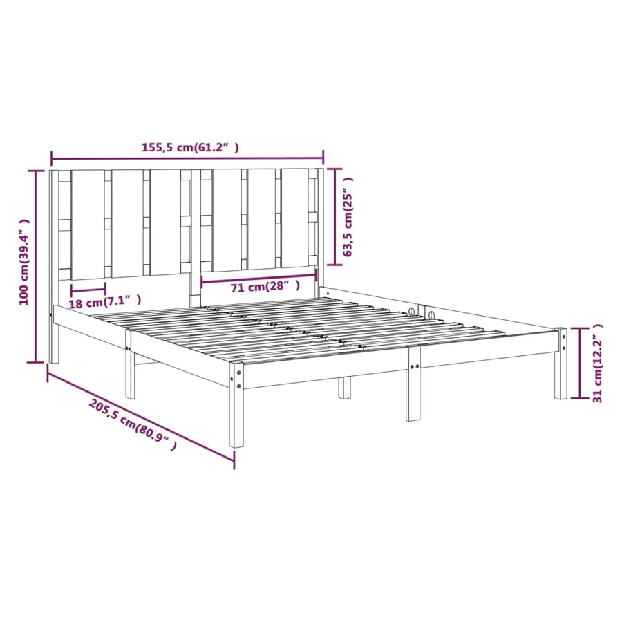 Cadre de lit sans matelas noir 150x200 cm bois massif - 6