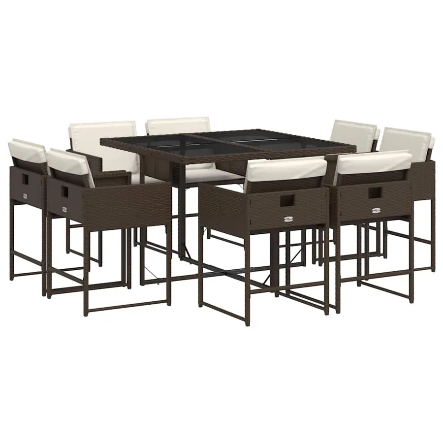 Ensemble à manger de jardin et coussins 9 pcs marron poly rotin - 2