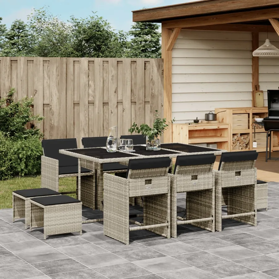 Ensemble à manger de jardin 11pcs avec coussins gris poly rotin