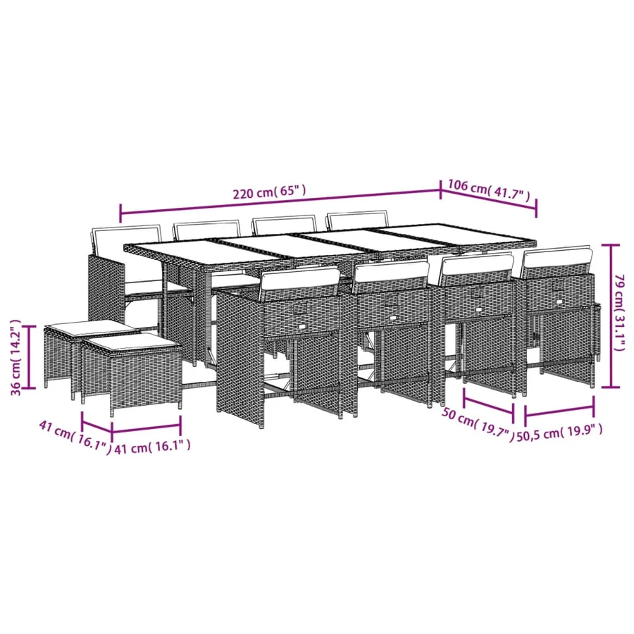 Ensemble à manger de jardin et coussins 13 pcs gris clair rotin - 11