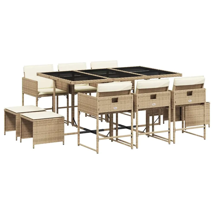 Ensemble à manger de jardin et coussins 11 pcs beige poly rotin - 2