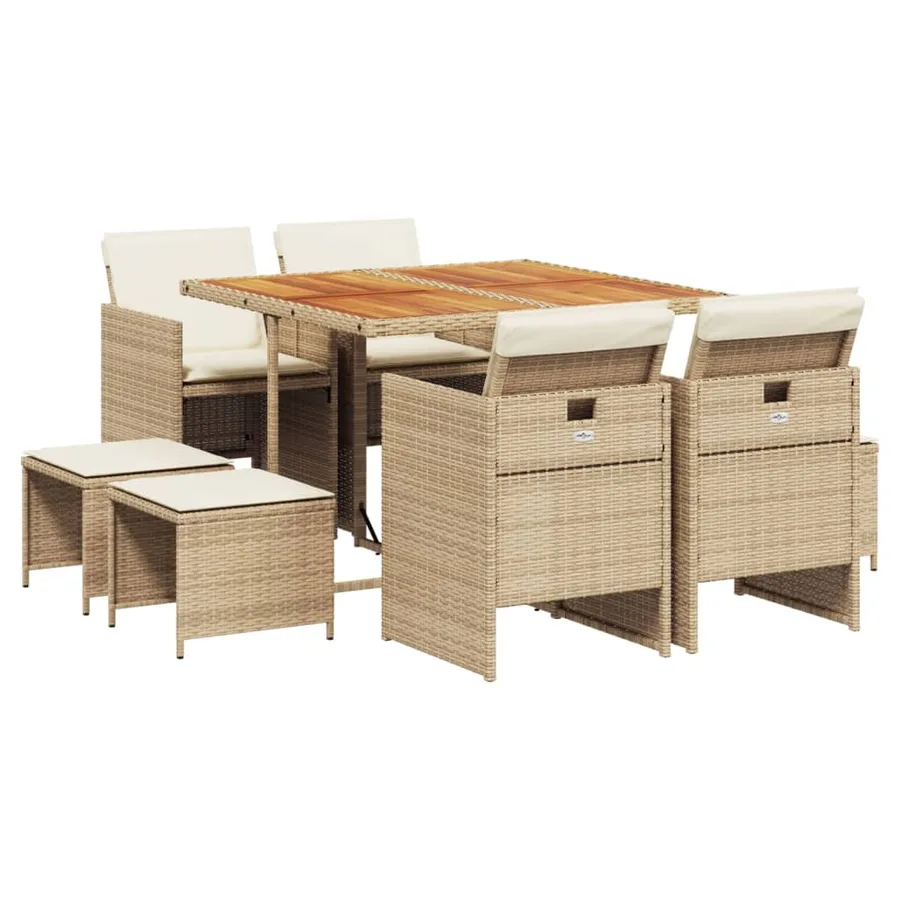 Ensemble à manger de jardin et coussins 9 pcs beige Poly rotin - 2