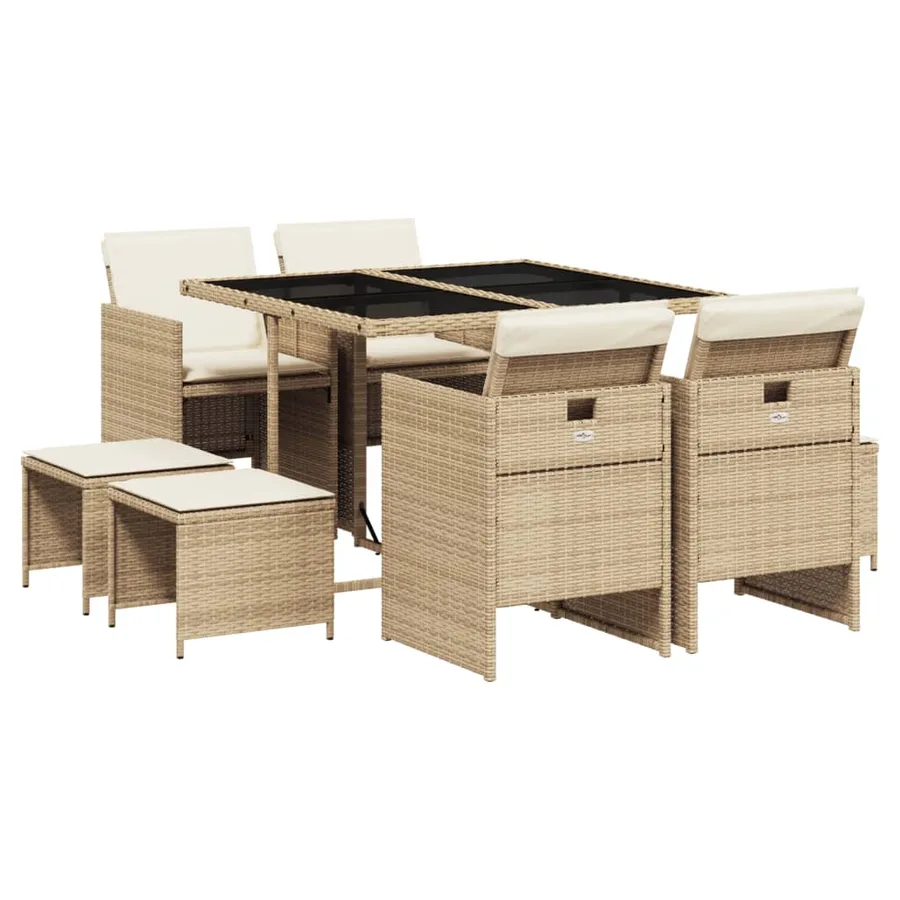 Ensemble à manger de jardin et coussins 9 pcs beige Poly rotin - 2