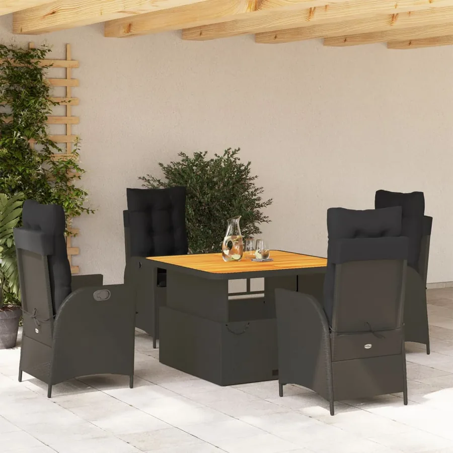Ensemble à manger de jardin coussins 5pcs Noir Résine tressée