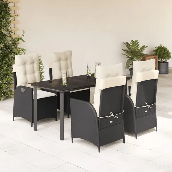 Ensemble à manger de jardin coussins 5pcs Noir Résine tressée