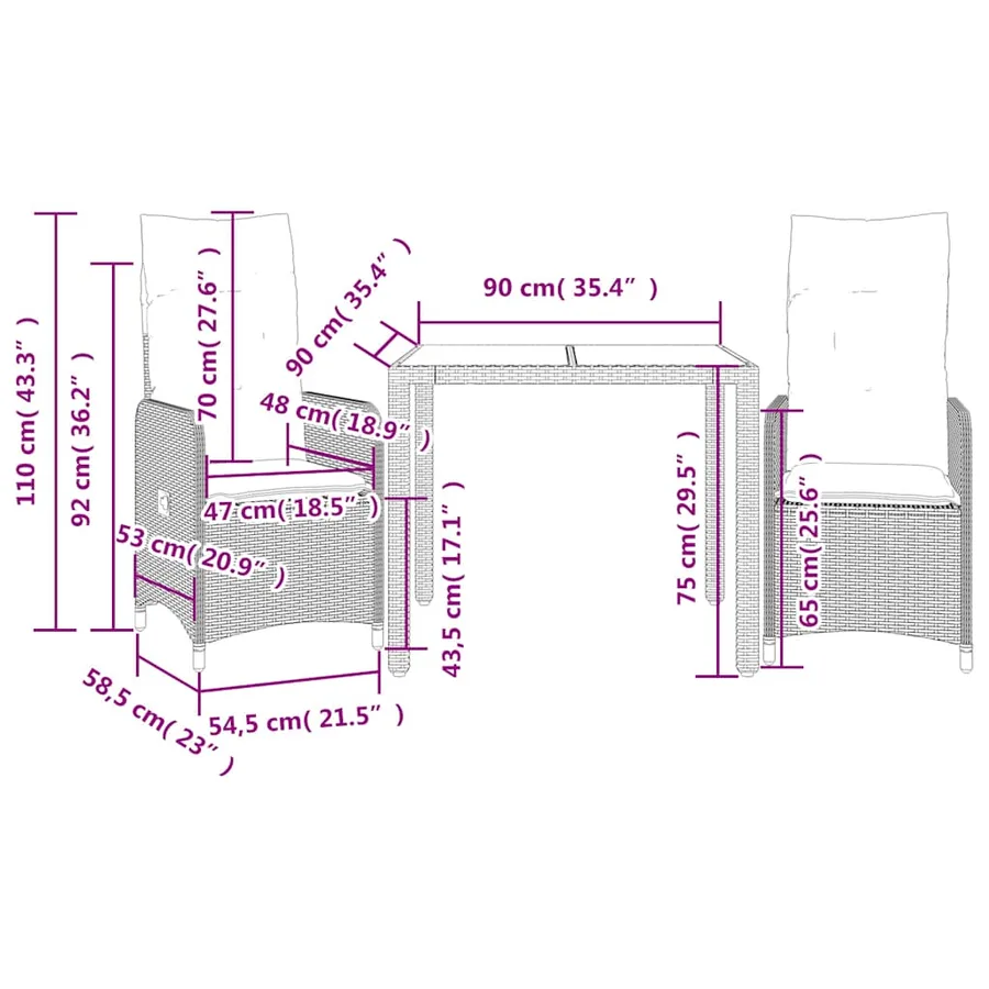 Ensemble de bistro de jardin 3 pcs coussins marron poly rotin - 7
