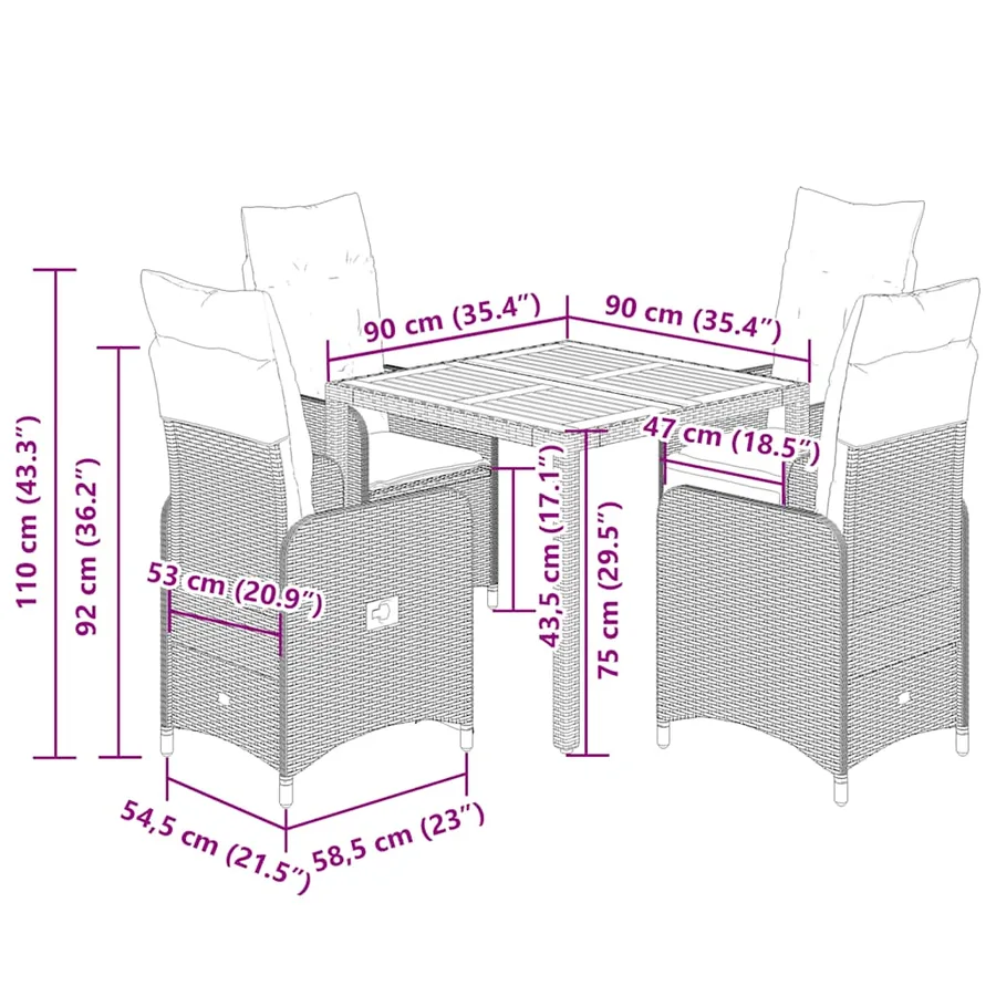Ensemble de bistro de jardin 5 pcs coussins beige poly rotin - 7