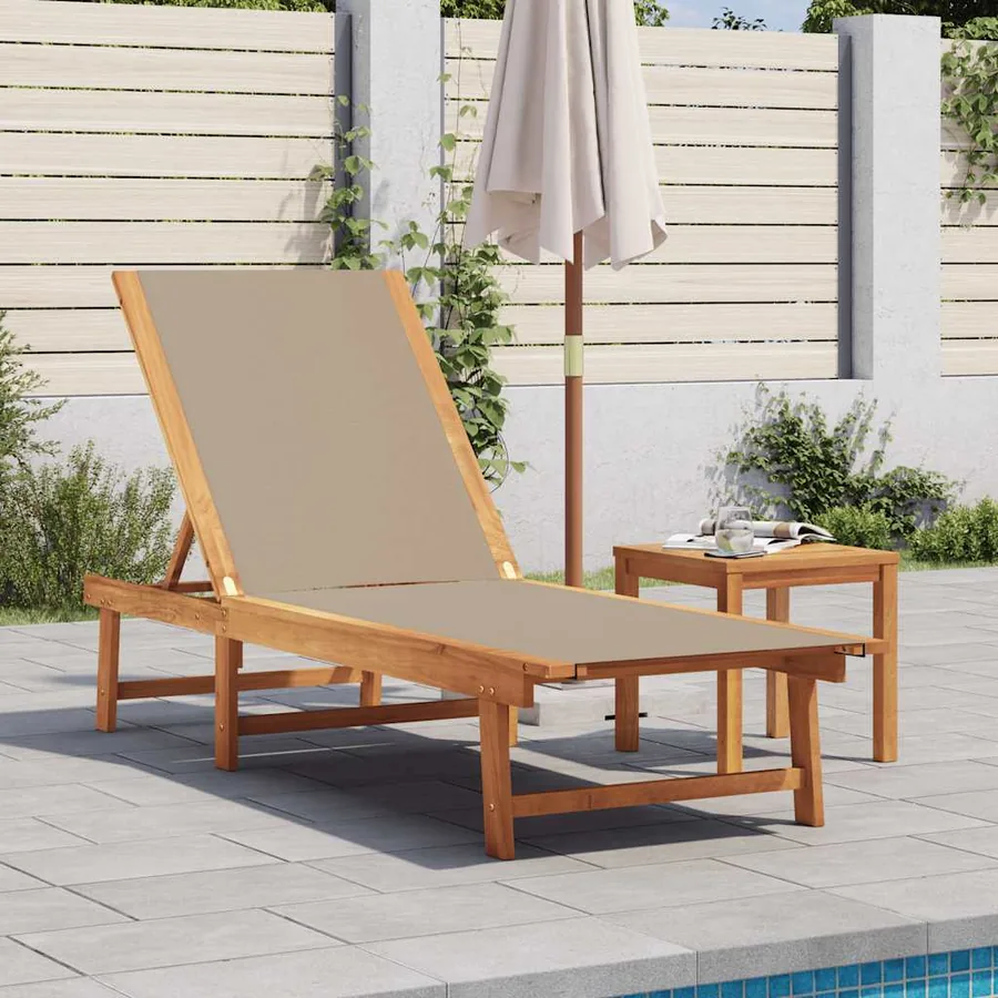 Chaise longue gris bois d'acacia solide et textilène - 37
