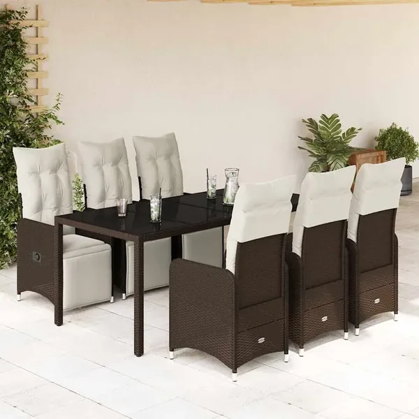 Ensemble de bistro de jardin 7 pcs coussins marron poly rotin