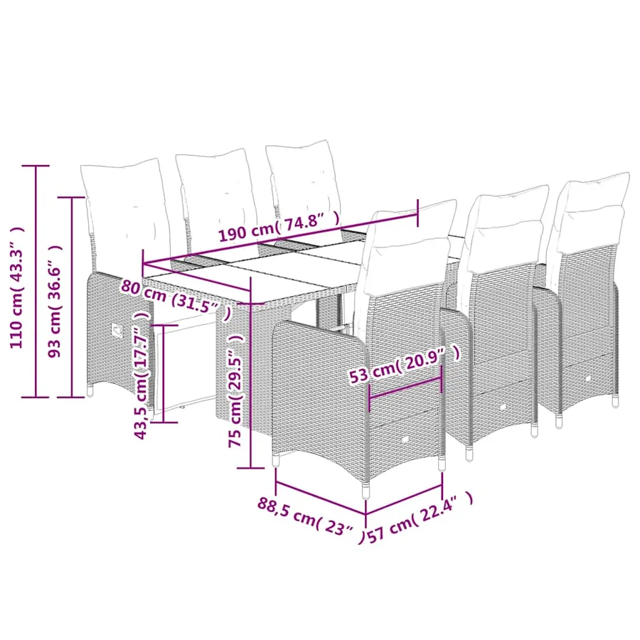 Ensemble de bistro de jardin 7 pcs coussins marron poly rotin - 7