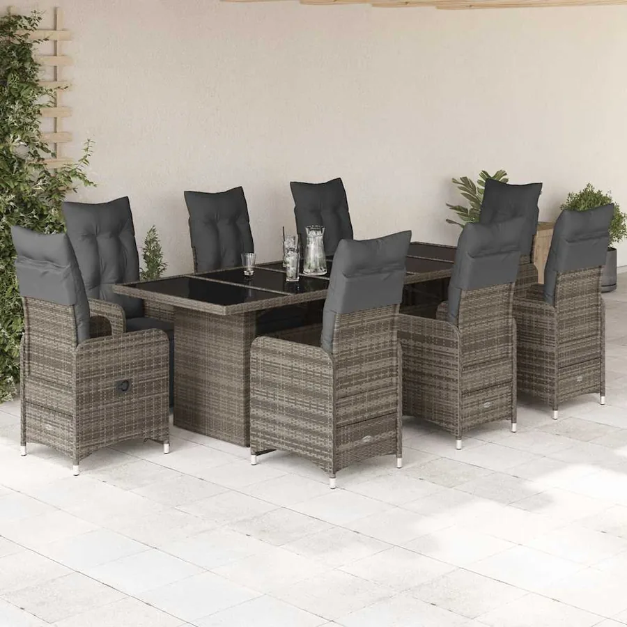 Ensemble de bistro de jardin 9 pcs coussins gris poly rotin