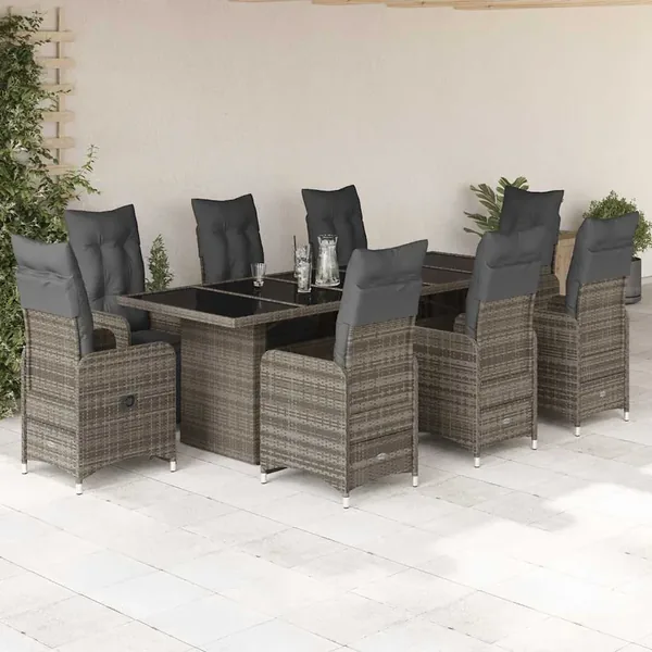 Ensemble de bistro de jardin 9 pcs coussins gris poly rotin