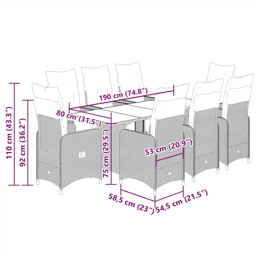 Ensemble de bistro de jardin 9 pcs coussins gris poly rotin - 7