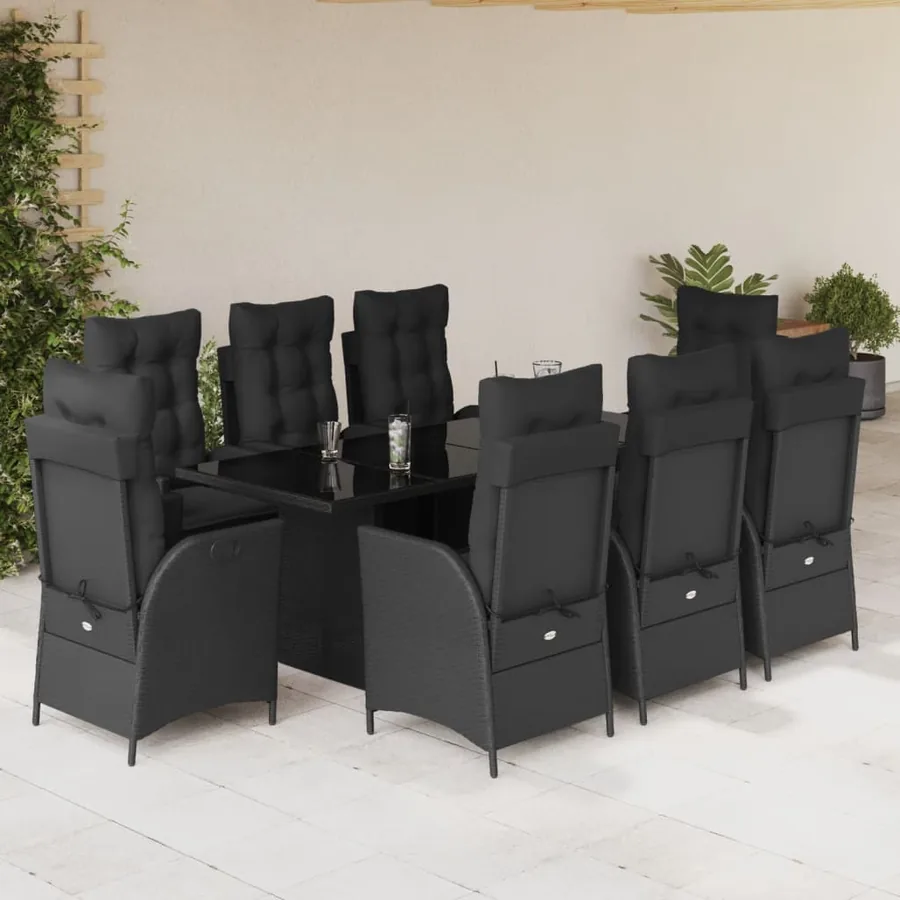 Ensemble à manger de jardin 9pcs coussins noir résine tressée