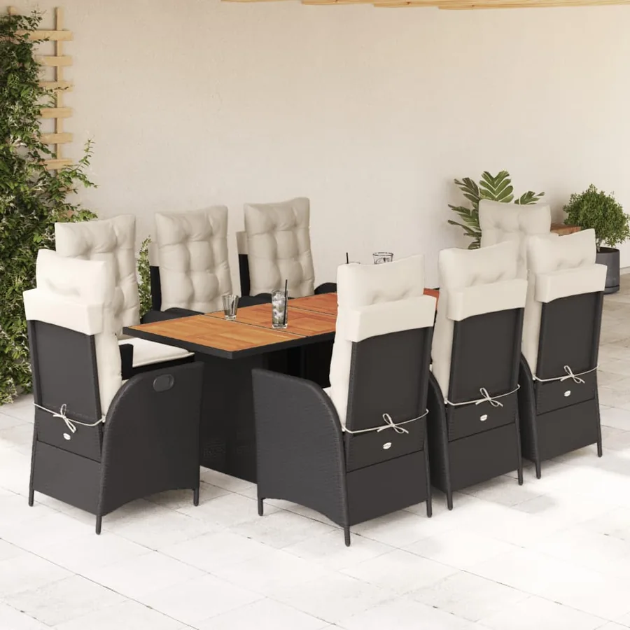 Ensemble à manger de jardin 9pcs coussins noir résine tressée