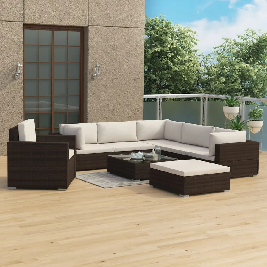 Salon de jardin 8 pcs avec coussins résine tressée marron