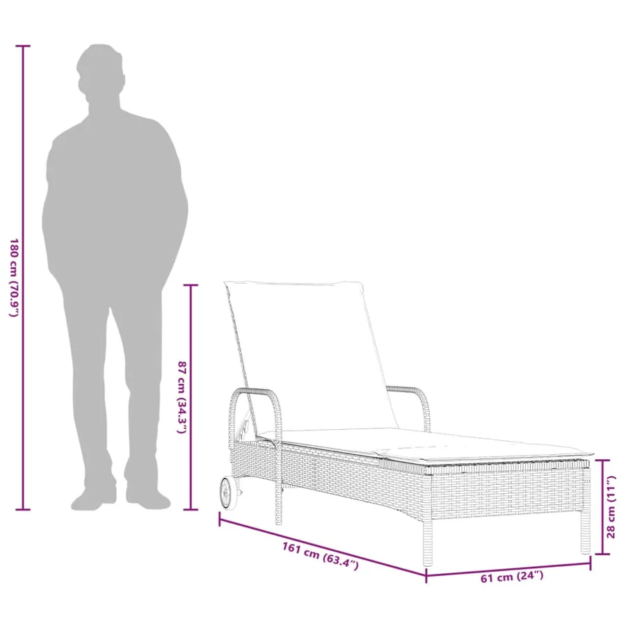 Chaise longue avec roues et coussin marron résine tressée - 11