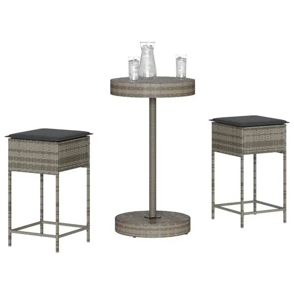 Ensemble de bar de jardin 3 pcs et coussins gris résine tressée