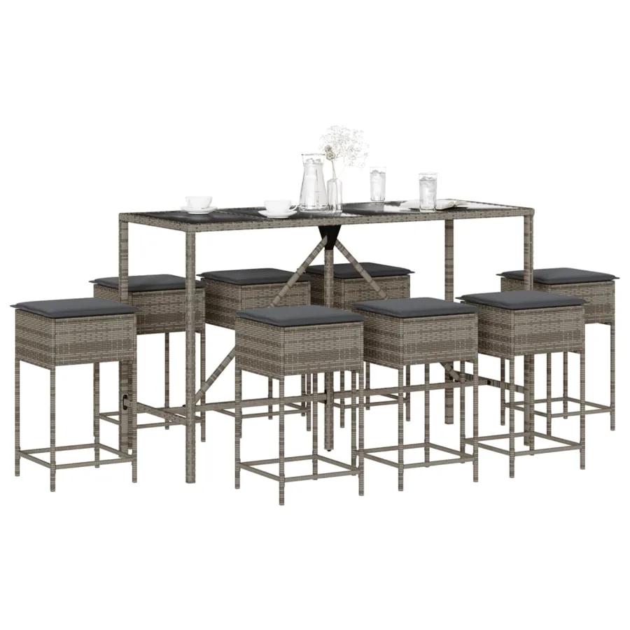 Ensemble de bar de jardin 9 pcs avec coussins gris poly rotin