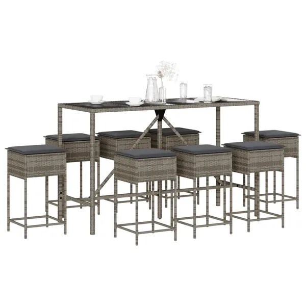 Ensemble de bar de jardin 9 pcs avec coussins gris poly rotin