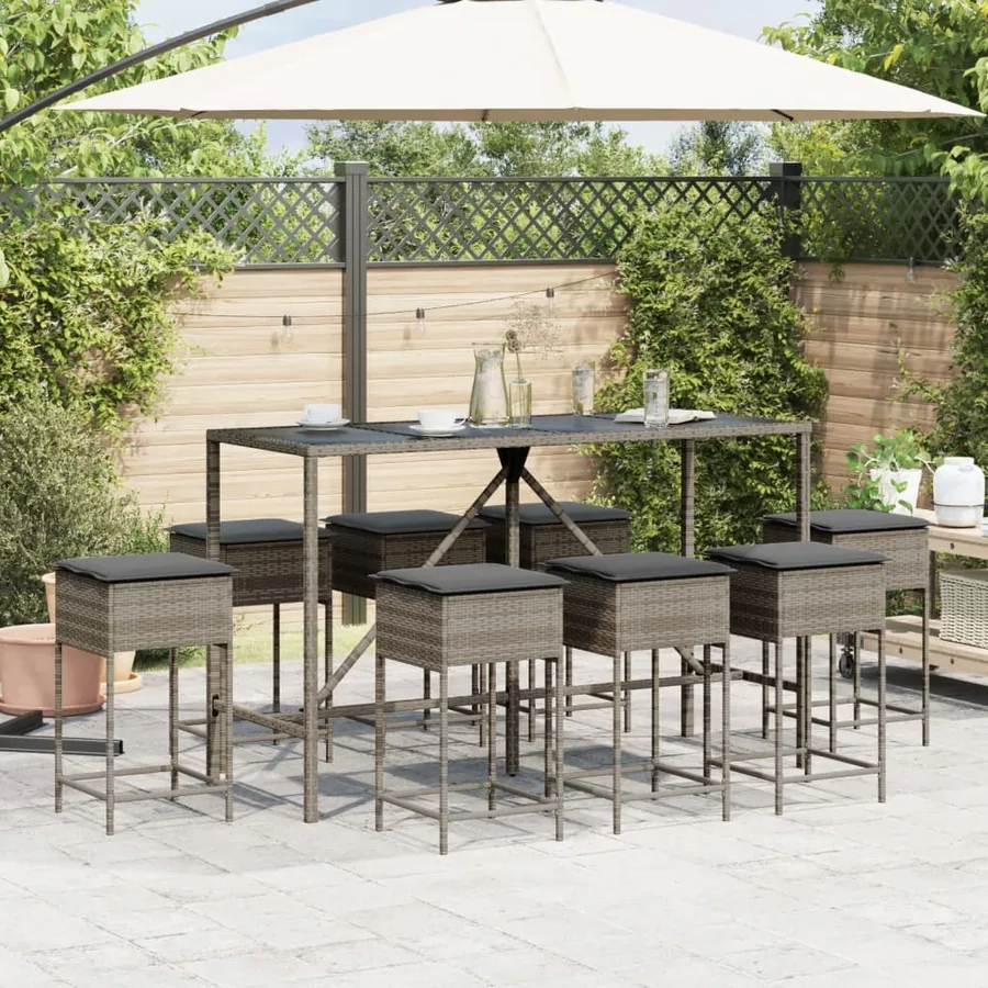 Ensemble de bar de jardin 9 pcs avec coussins gris poly rotin - 3