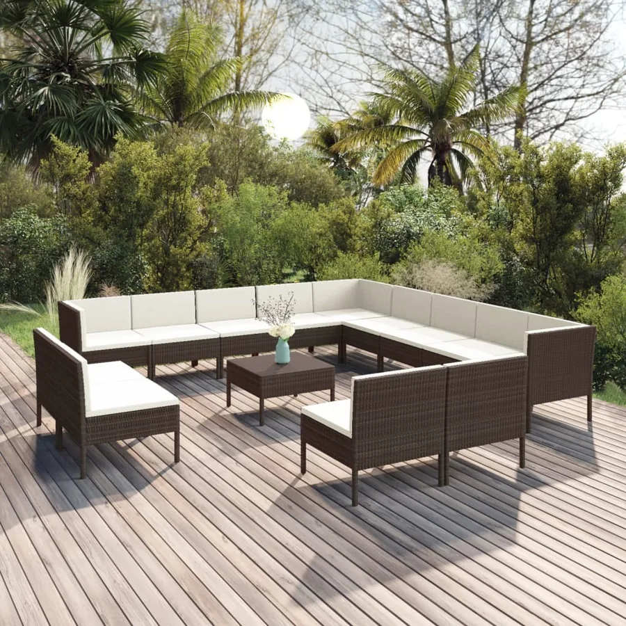 Salon de jardin 14 pcs avec coussins Résine tressée Marron
