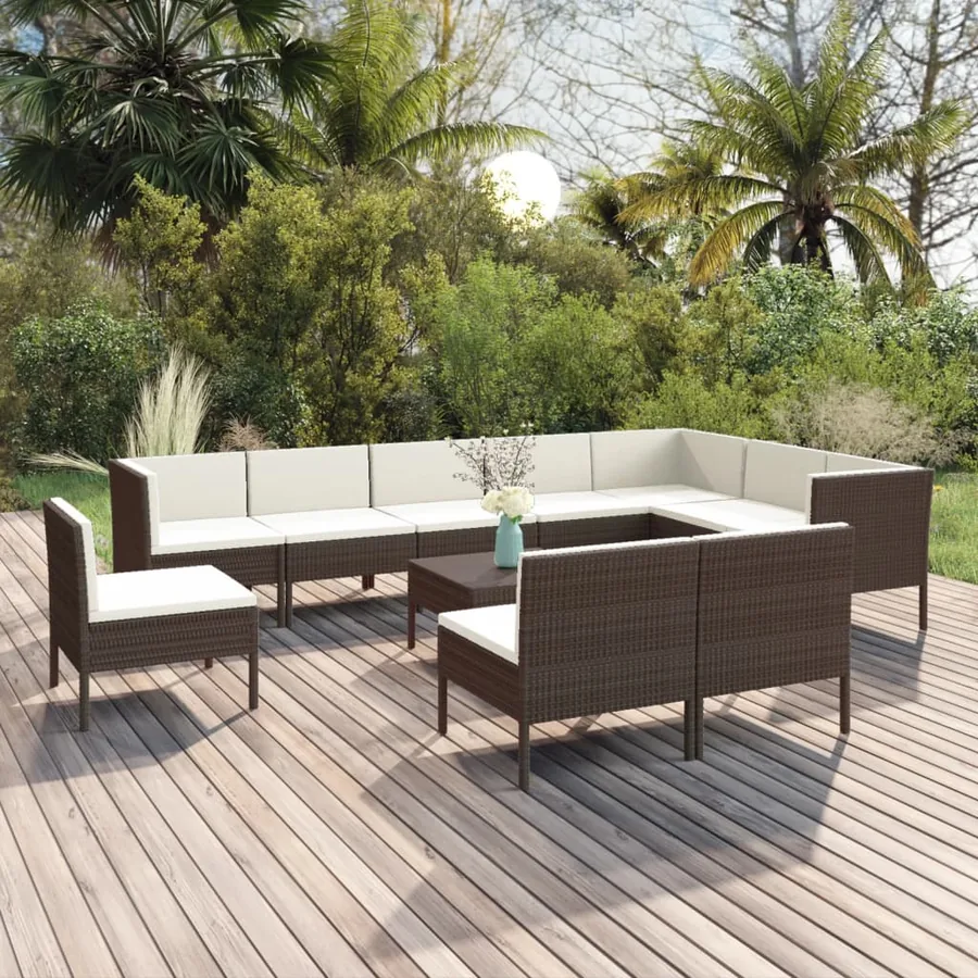 Salon de jardin 11 pcs avec coussins Résine tressée Marron