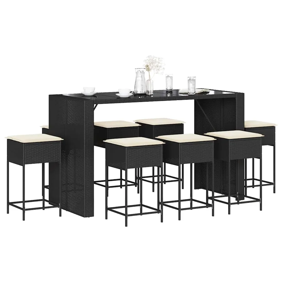 Ensemble de bar de jardin 9 pcs avec coussins noir poly rotin