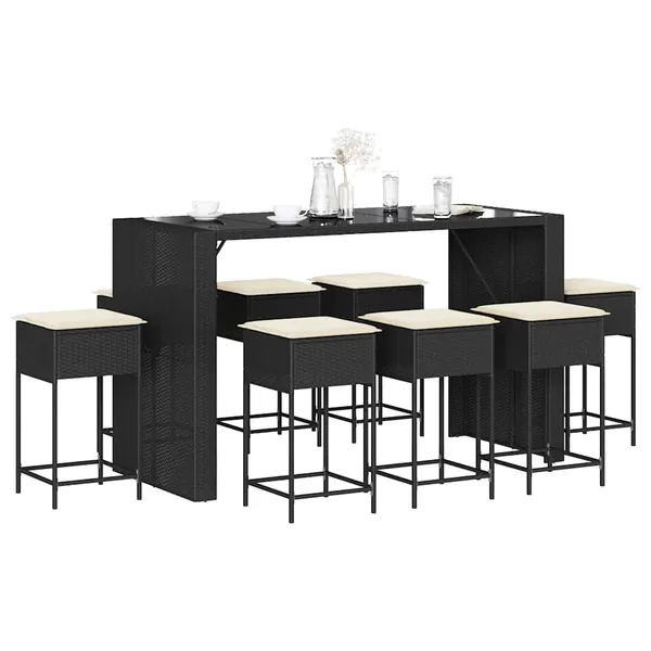 Ensemble de bar de jardin 9 pcs avec coussins noir poly rotin