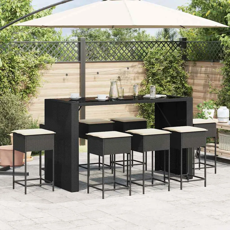 Ensemble de bar de jardin 9 pcs avec coussins noir poly rotin - 3