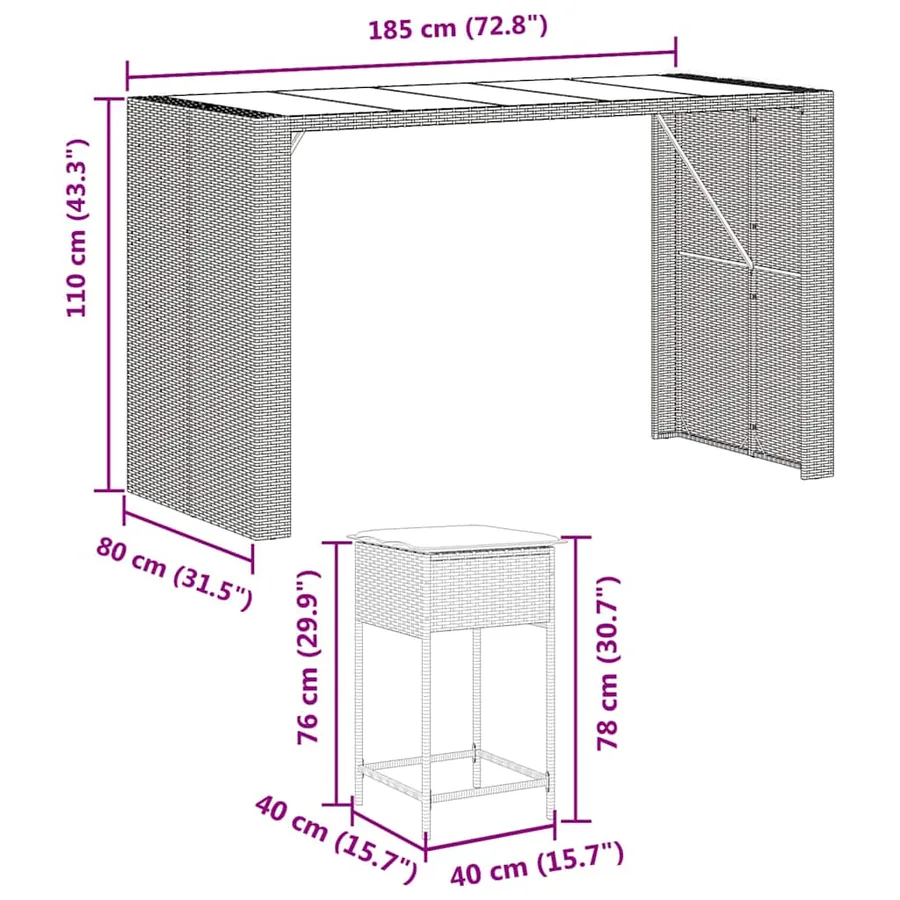 Ensemble de bar de jardin 9 pcs avec coussins noir poly rotin - 8