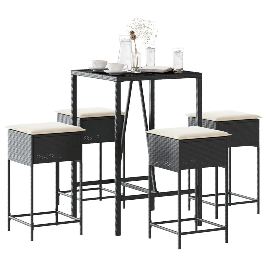 Ensemble de bar de jardin 5 pcs avec coussins noir poly rotin
