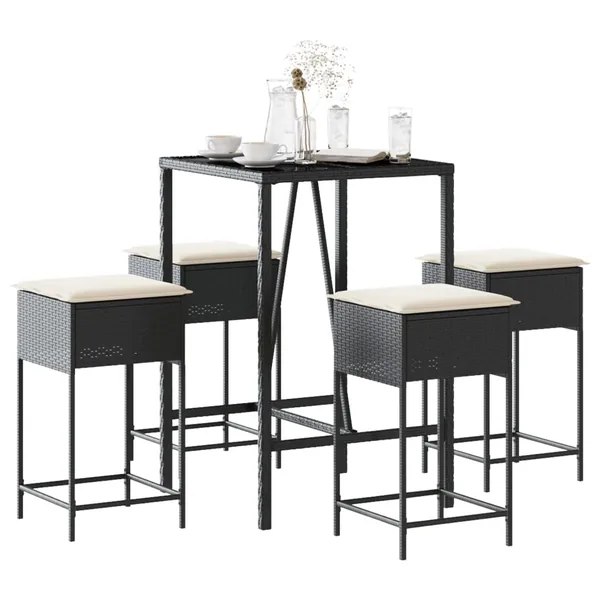 Ensemble de bar de jardin 5 pcs avec coussins noir poly rotin