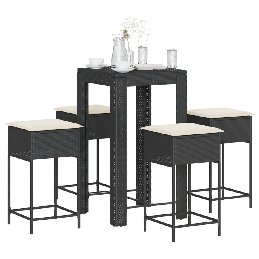 Ensemble de bar de jardin 5 pcs avec coussins noir poly rotin