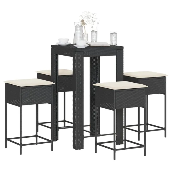 Ensemble de bar de jardin 5 pcs avec coussins noir poly rotin