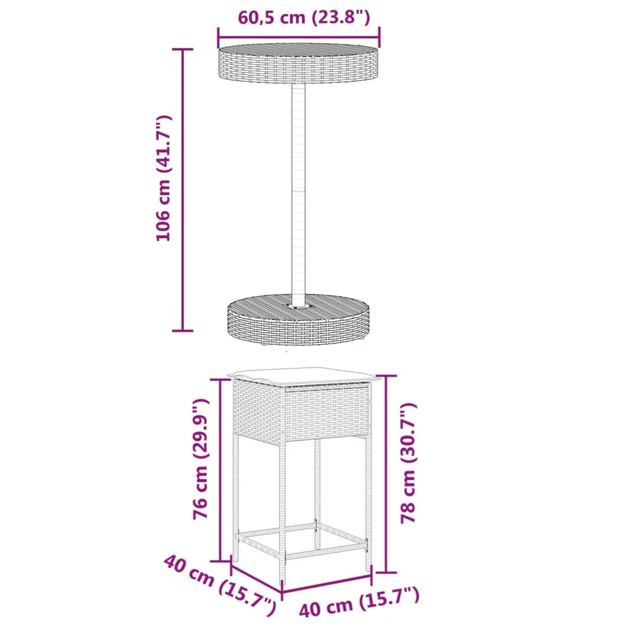 Ensemble de bar de jardin 3 pcs et coussins brun résine tressée - 8