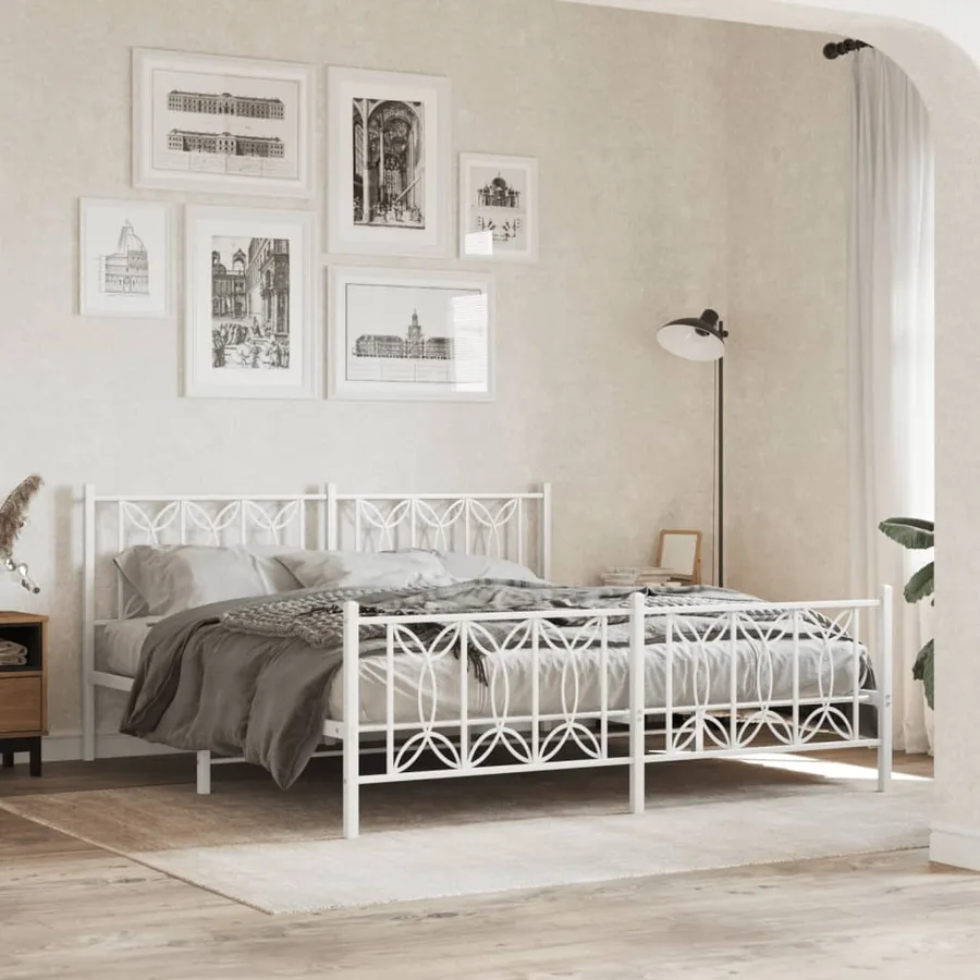 Cadre de lit métal sans matelas et pied de lit blanc 183x213 cm